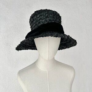 Vintage 60s Union Made Women's Size Large Black Raffia Garbo Hat Velvet Band Bow